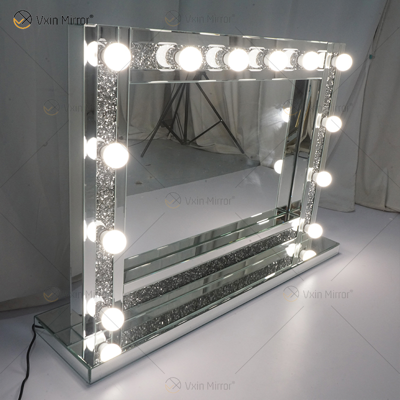 Espelho de penteadeira estilo veneziano WXDL-105 prata cristal iluminado com 12 lâmpadas para sofás de sala de estar