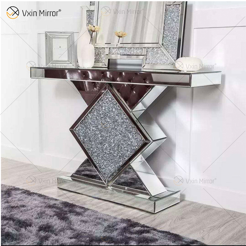Atacado console espelhado mesa console de cristal diamante esmagado corredor de entrada