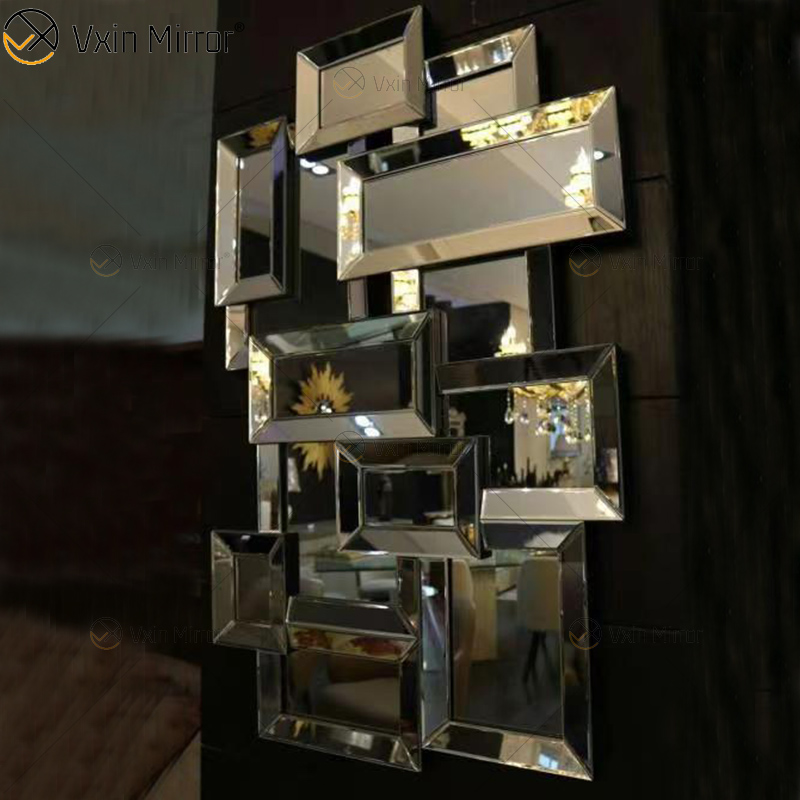 Fornecimento de fábrica 3d espelho de parede adesivo design WXM-1129 prata fantasia de parede espelho de madeira