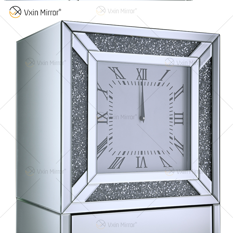 Elegante decoração de casa WXF-739 prata espelhado armário de relógio diamante esmagado com 2 gavetas