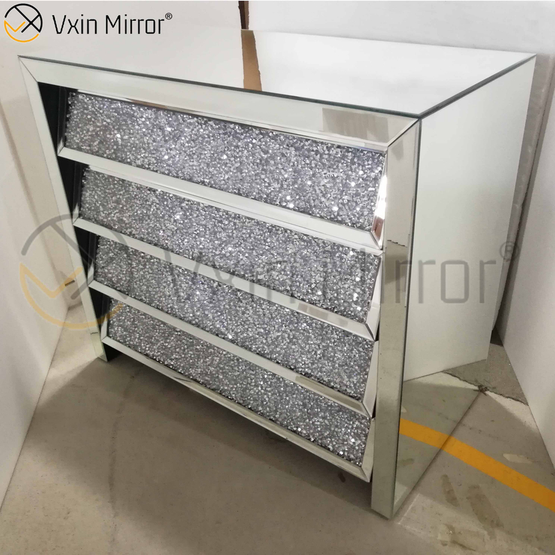Vxin Silver WXF-706 Esmagado com Diamante Mesinha de cabeceira chanfrada com 4 gavetas Mesinha de cabeceira espelhada