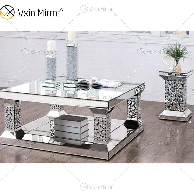 Terno acrílico de alta qualidade prata grande cristal parede espelho mesa lateral mesa de centro sala de estar conjuntos de cristal
