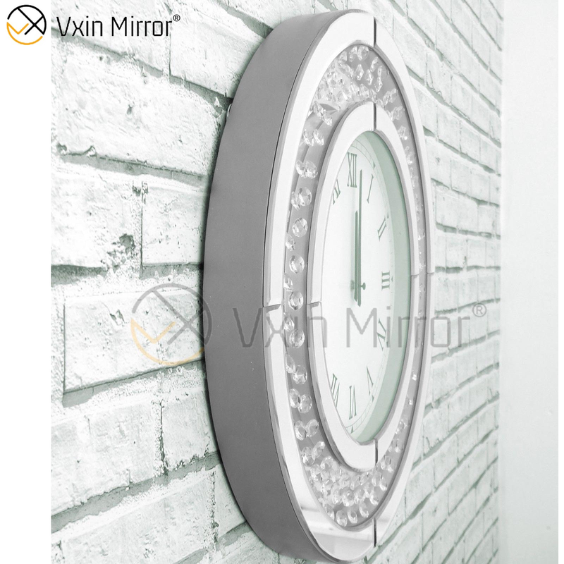 Relógio de parede redondo grande brilhante diamante chanfrado chanfrado 50 cm cristal flutuante prata espelhado WXC-009