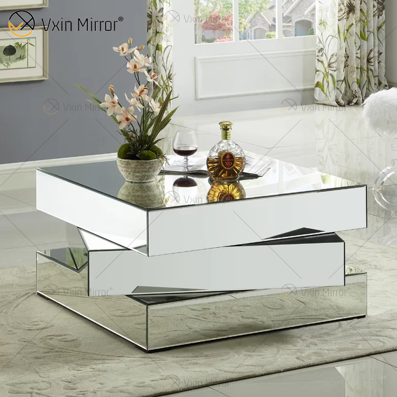 Mesa de centro espelhada Vxin WXF-2138 3D 3D brilhante com geometria de diamante esmagado prata coberta com diamantes
