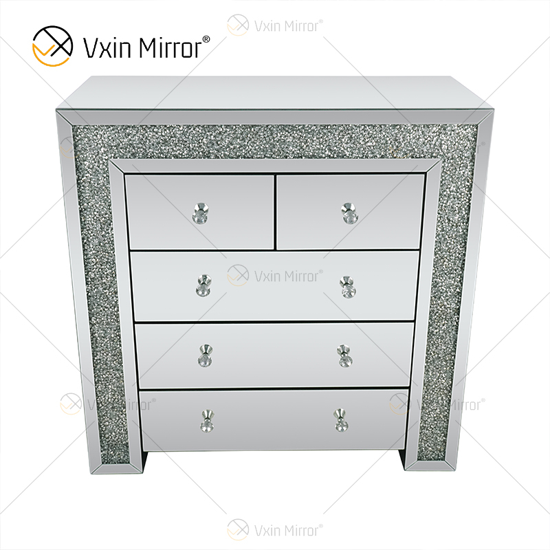 Armário de cabeceira Vxin espelhado prata esmagado diamante com 5 gavetas