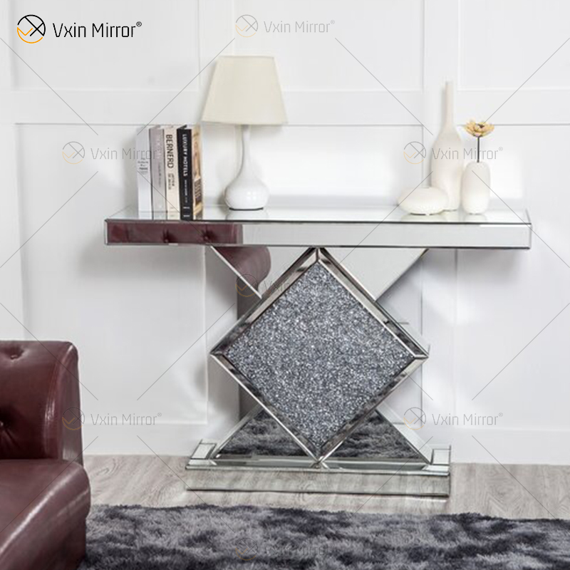 Atacado console espelhado mesa console de cristal diamante esmagado corredor de entrada