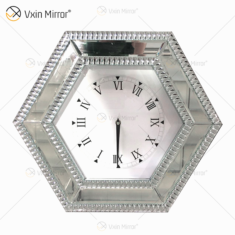 Venda imperdível relógio espelhado moderno prata hexágono relógio espelho diamante esmagado decoração espelho relógio de parede