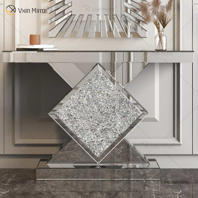 Atacado console espelhado mesa console de cristal diamante esmagado corredor de entrada