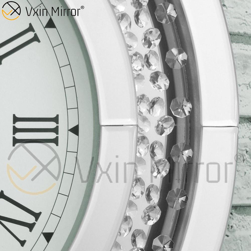 Relógio de parede redondo grande brilhante diamante chanfrado chanfrado 50 cm cristal flutuante prata espelhado WXC-009
