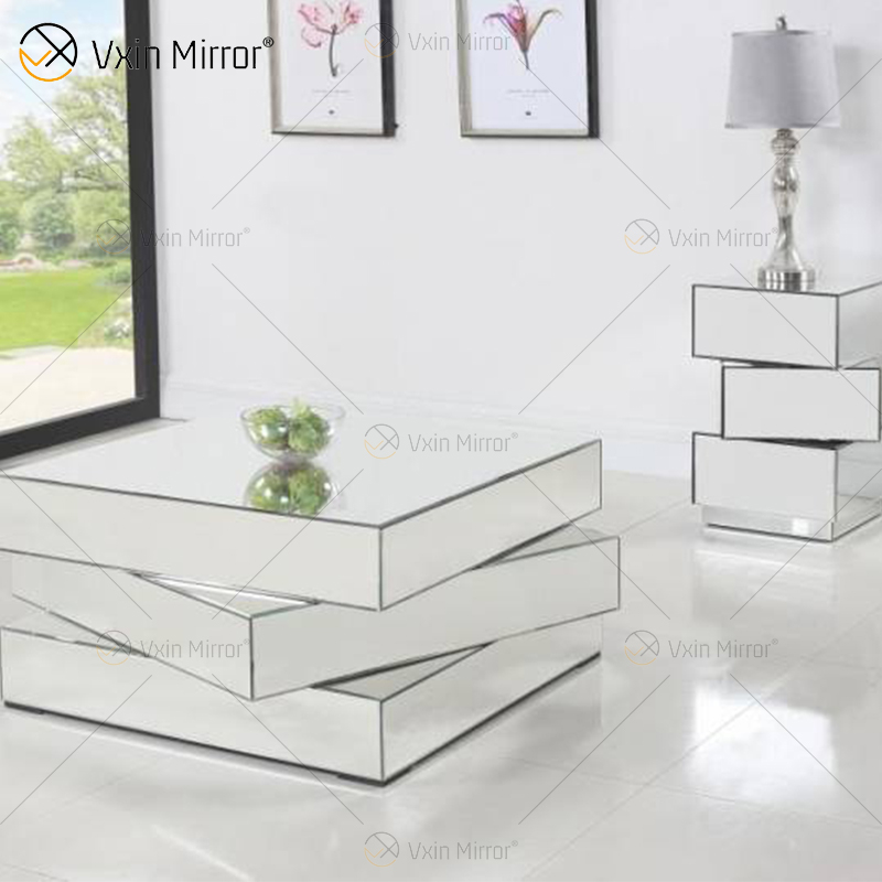 Mesa de centro espelhada Vxin WXF-2138 3D 3D brilhante com geometria de diamante esmagado prata coberta com diamantes
