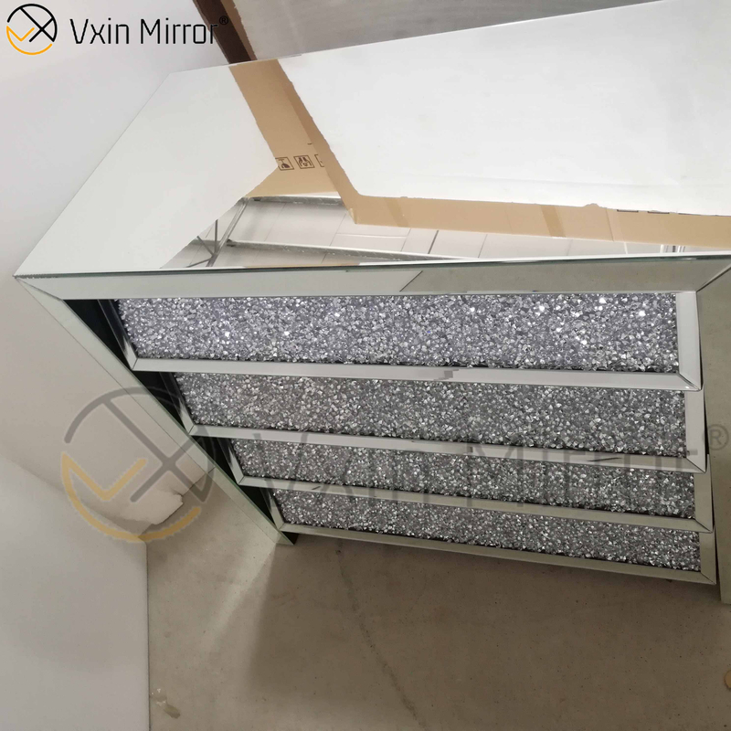 Vxin Silver WXF-706 Esmagado com Diamante Mesinha de cabeceira chanfrada com 4 gavetas Mesinha de cabeceira espelhada