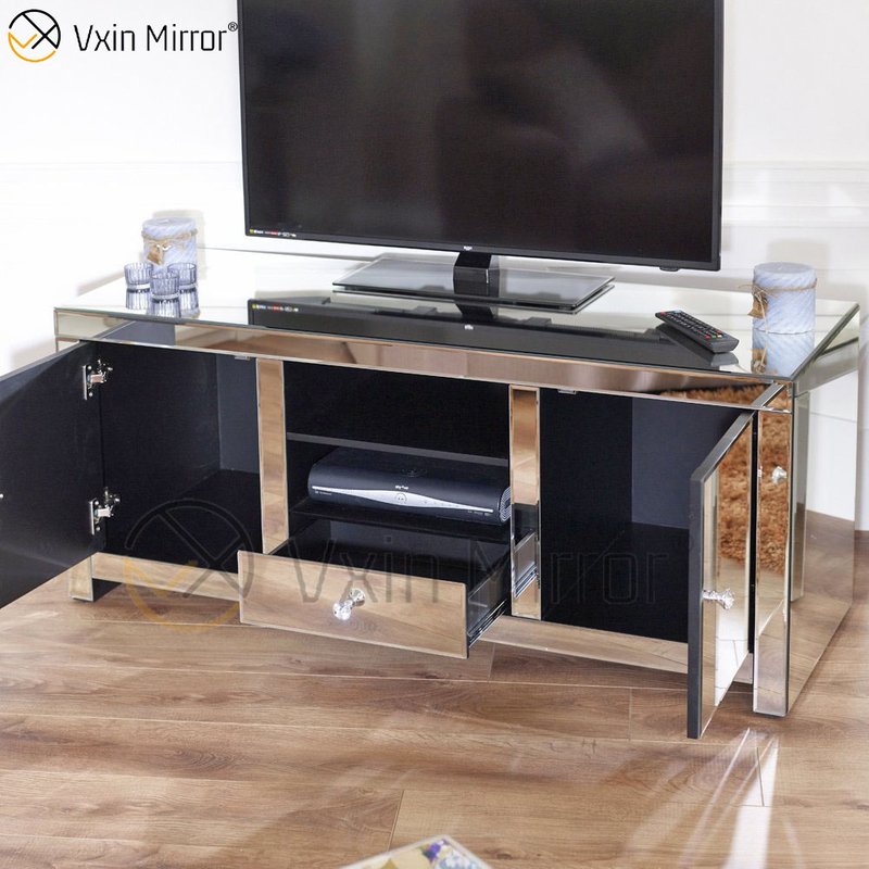 Armário de suporte de TV espelhado moderno para móveis de vidro espelhado