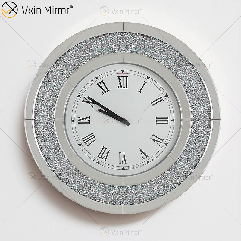 Venda imperdível relógio de parede espelho redondo prata moderno WXMC-010 diamante esmagado