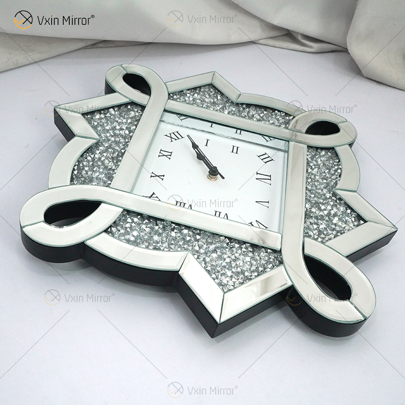 Pacote de teste Novo design WXC-083 Moderno Prata Esmagado Diamante 3D Relógio Espelhado de Parede
