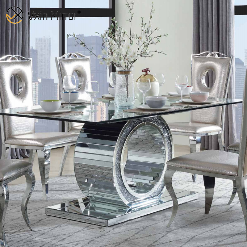 Atacado 2021 novo design diamante esmagado redondo prata móveis de jantar com cadeiras tampo de mesa de vidro temperado mesa de jantar