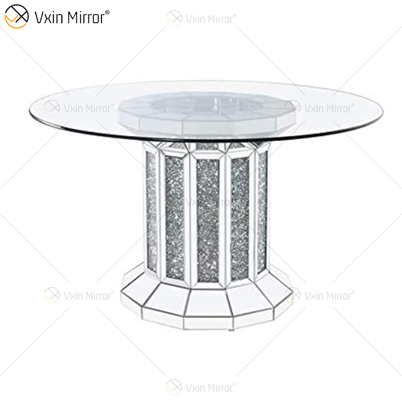 2020 novo design WXF-160 diamante esmagado mesa de jantar redonda de prata com tampo de mesa de vidro temperado