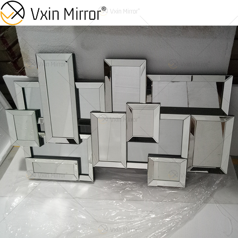 Fornecimento de fábrica 3d espelho de parede adesivo design WXM-1129 prata fantasia de parede espelho de madeira