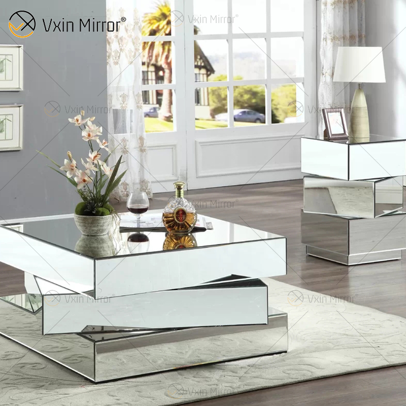 Mesa de centro espelhada Vxin WXF-2138 3D 3D brilhante com geometria de diamante esmagado prata coberta com diamantes
