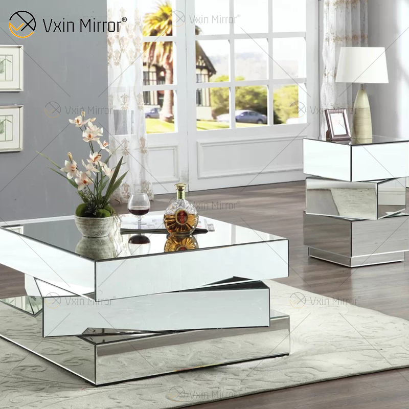 Mesa de centro espelhada Vxin WXF-2138 3D 3D brilhante com geometria de diamante esmagado prata coberta com diamantes