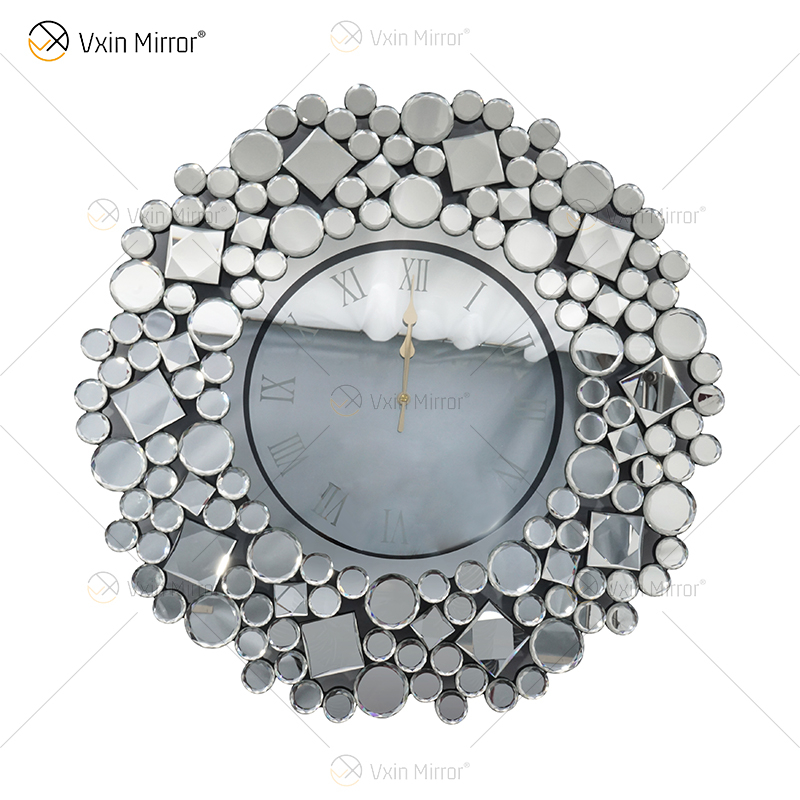 Relógio Espelhado WXMC-085 Decoração de Parede Prata Elegante Relógio Redondo Cristal
