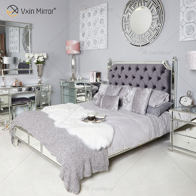 Vxin Móveis Antigos WXWF-1082 Cama King Grace Champagne Prata Espelhada Super Cama