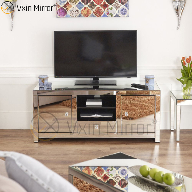 Armário de suporte de TV espelhado moderno para móveis de vidro espelhado
