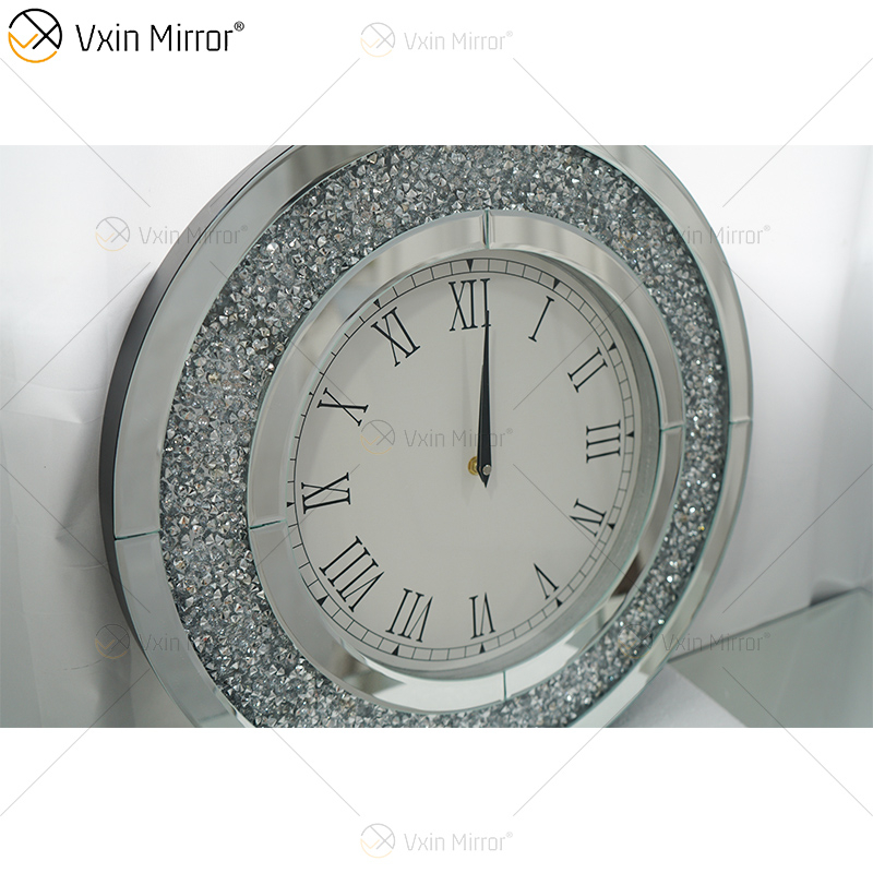 Venda imperdível relógio de parede espelho redondo prata moderno WXMC-010 diamante esmagado