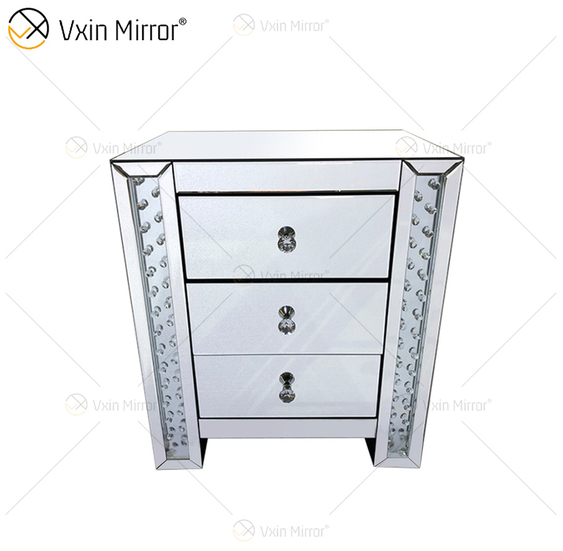 Vxin Crystal Decor WXF-274 Prata Tallboy Cristal Espelho Mesa de Cabeceira com 3 Gavetas Espelho Mesinha de cabeceira
