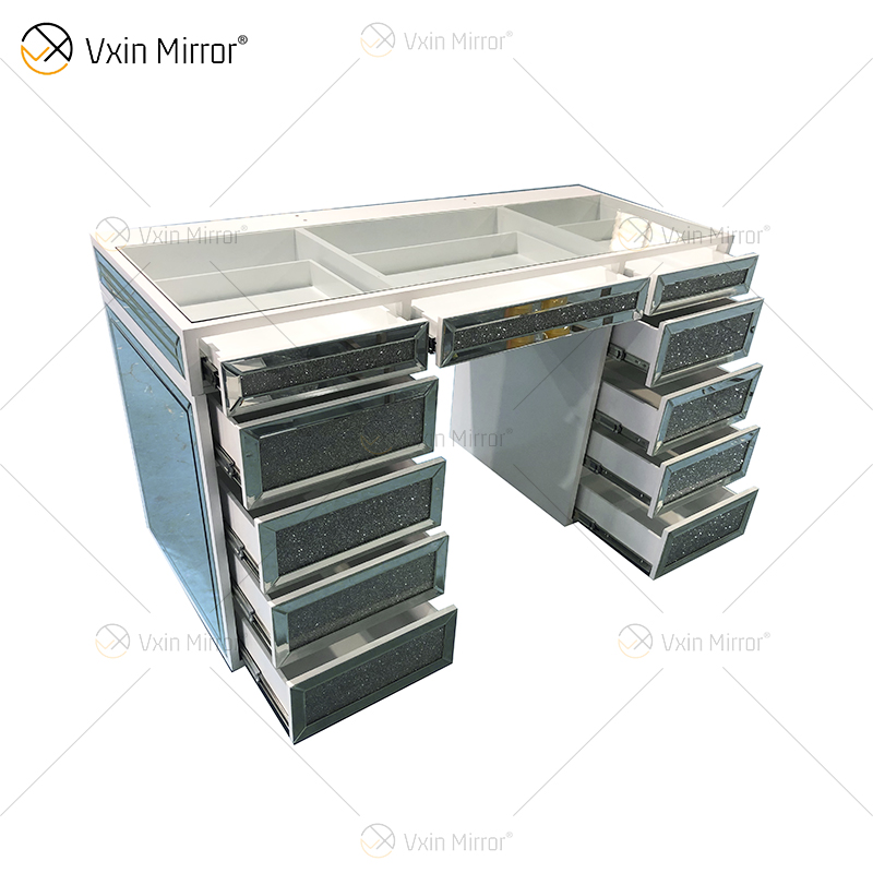 WXF-276 Moderna Penteadeira Moderna Minimalista de Vidro Branco com Diamante com 11 Gavetas de Rebote com Vidro Transparente na Parte Superior