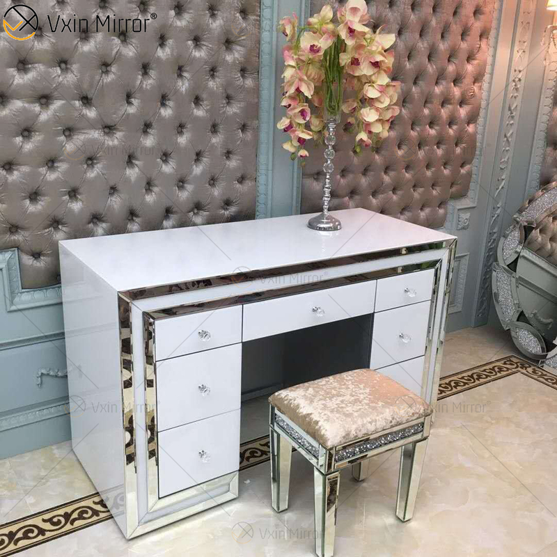 Conjunto de espelho branco de venda imperdível WXF-792 penteadeira moderna moldura de prata com cadeira 7 gavetas