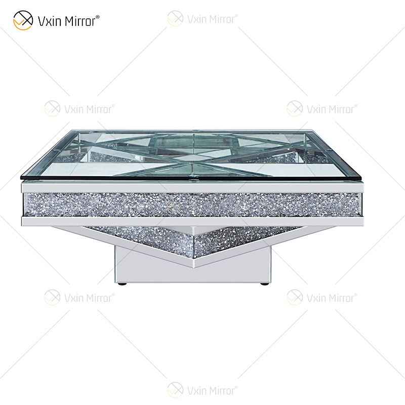 Vxin WXF-158 3D brilhante diamante esmagado mesa de centro espelhada quadrada prata mesa de vidro temperado