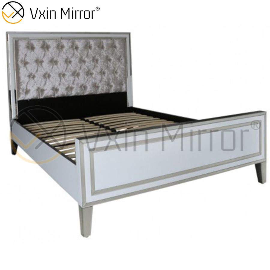 Fornecimento de fábrica de móveis WXF-785 moldura de prata vidro branco espelhado cama king