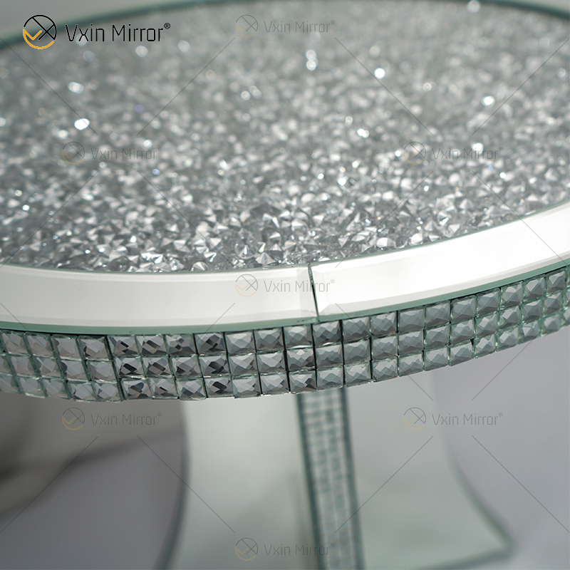 Armário de espelho de cristal de diamante esmagado para corredor de luxo redondo prata espelhada mesa de cabeceira sofás mesa de centro móveis WXF-145