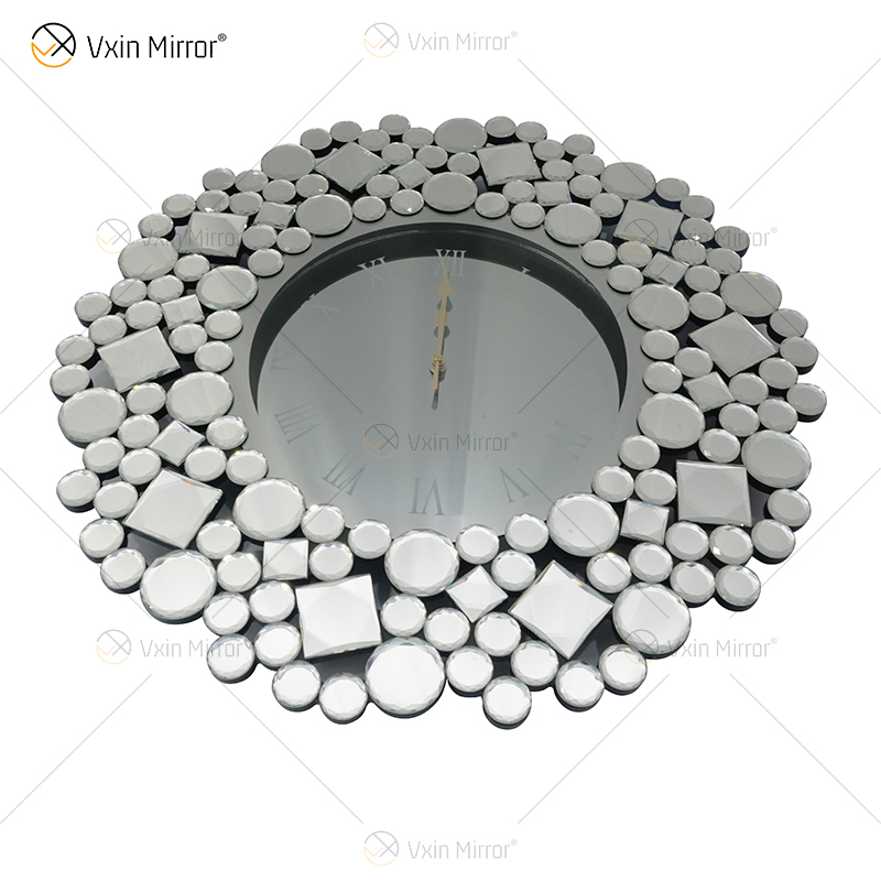Relógio Espelhado WXMC-085 Decoração de Parede Prata Elegante Relógio Redondo Cristal