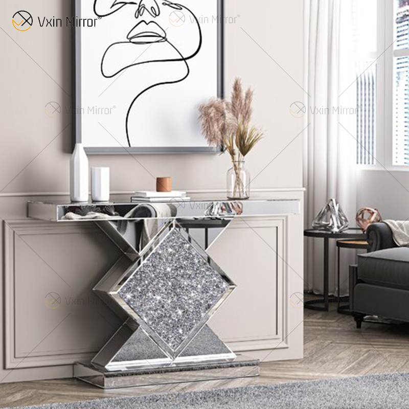 Atacado console espelhado mesa console de cristal diamante esmagado corredor de entrada