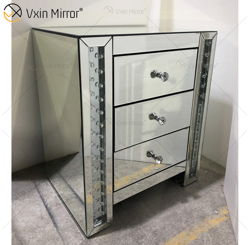 Vxin Crystal Decor WXF-274 Prata Tallboy Cristal Espelho Mesa de Cabeceira com 3 Gavetas Espelho Mesinha de cabeceira