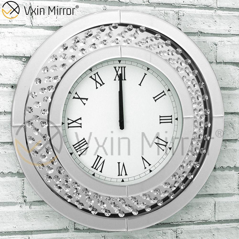 Relógio de parede redondo grande brilhante diamante chanfrado chanfrado 50 cm cristal flutuante prata espelhado WXC-009