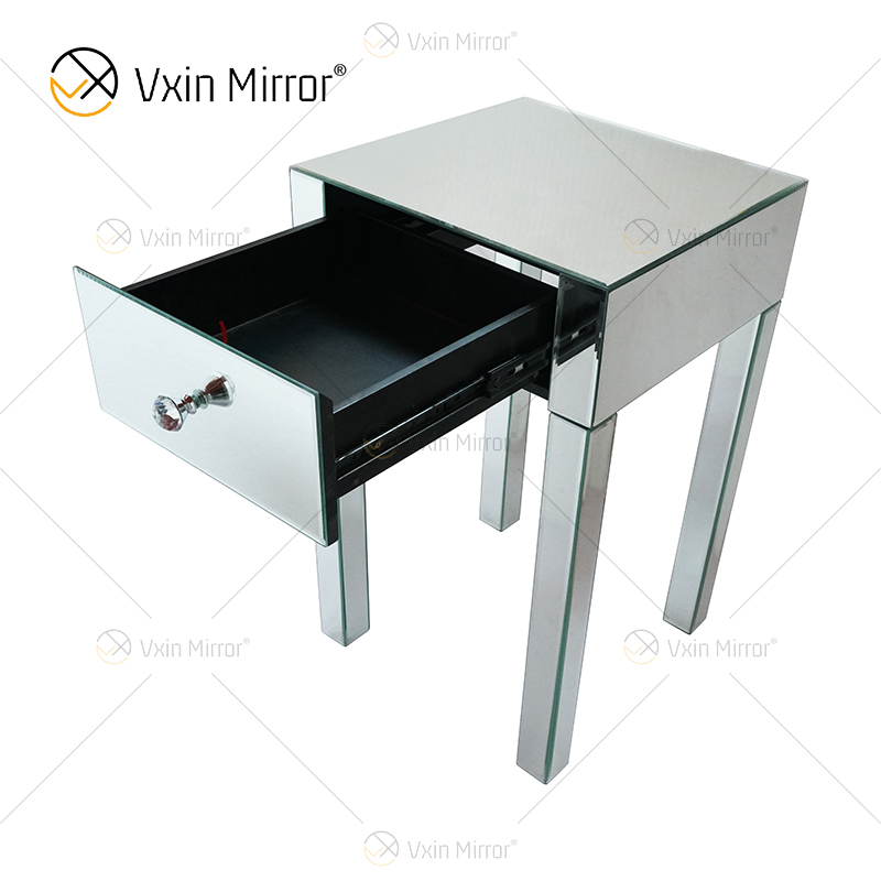 Mesa de cabeceira de cristal com 1 gavetas Móveis de Prata WXF-046 Moderna WXF-046 Mesa de Cabeceira Espelhada