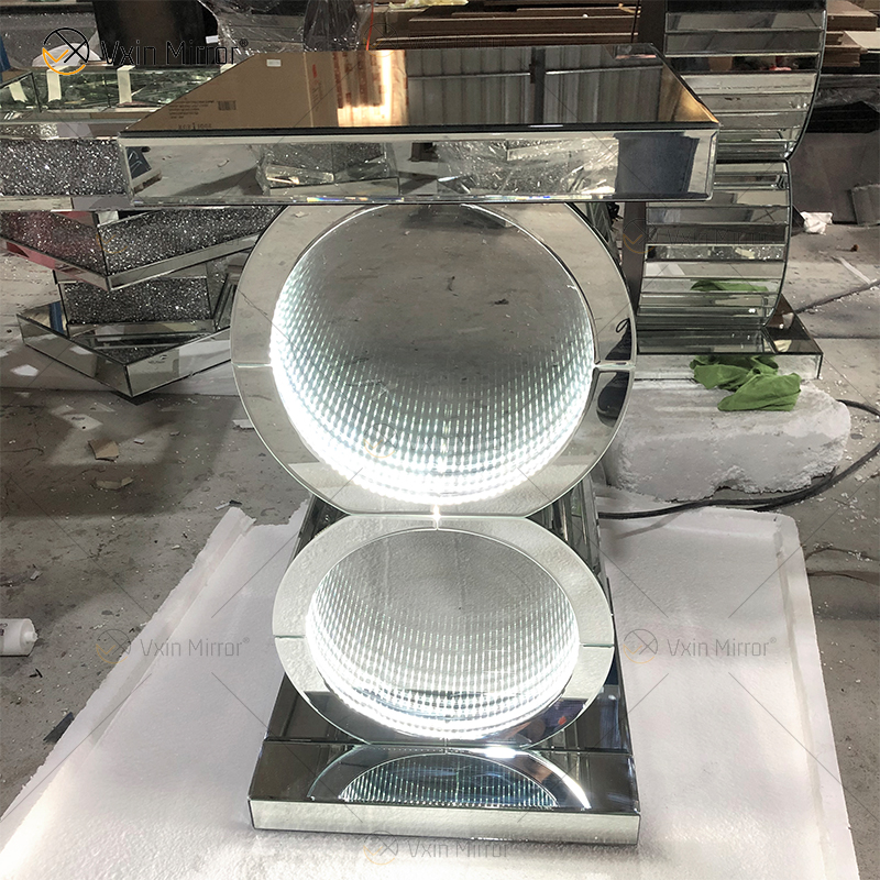 Mesa Prata LED 3d Mesa de Café Iluminado Espelho Infinito Túnel Sparkle Espelhado em O Formato Mesa Console Mesa Lateral WXF-290