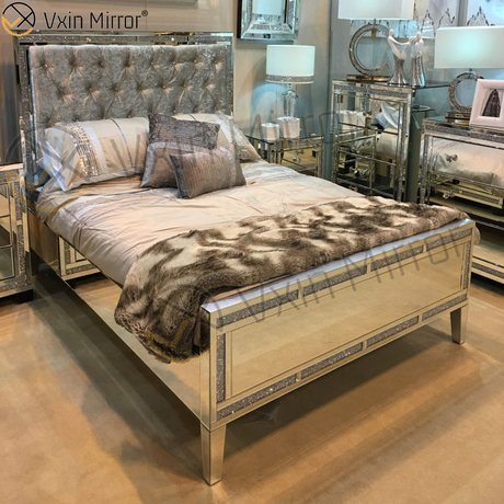 Móveis de espelho WXWF-698 baratos no quarto prata e preto espelhado cama estilo moderno