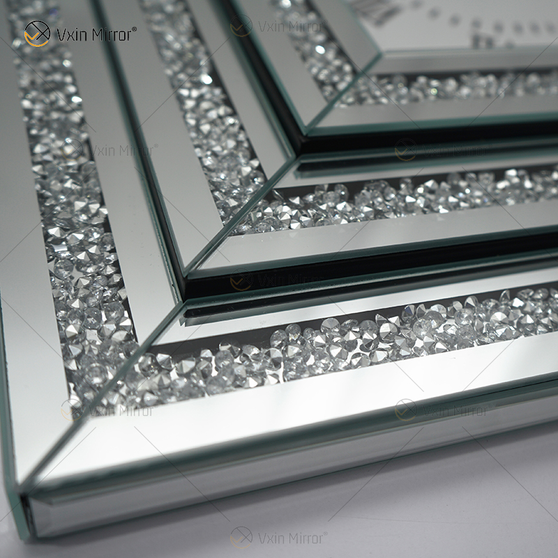 Venda imperdível relógio espelhado WXMC-078 diamante esmagado prata decoração de parede elegante relógio quadrado