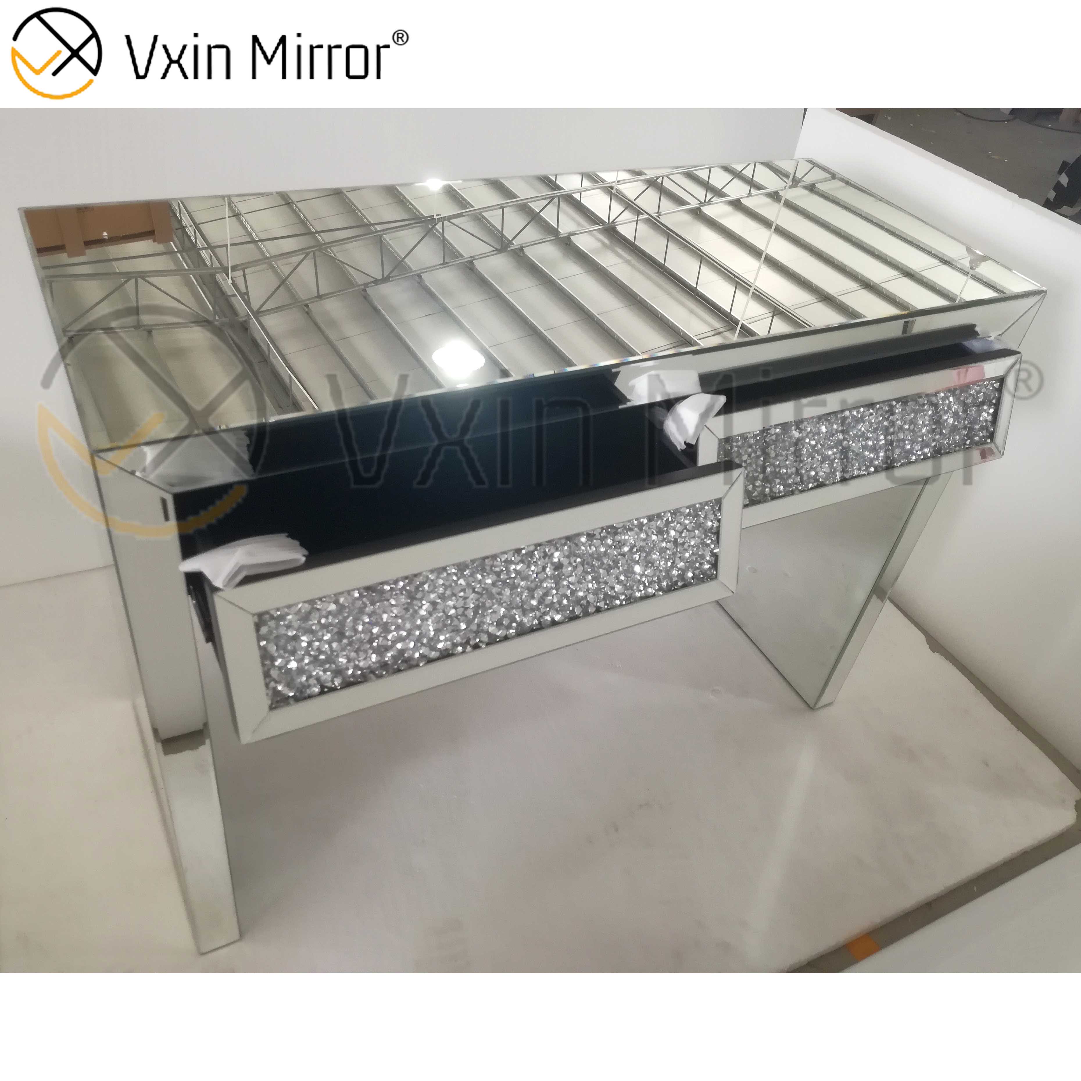 Mesa Console Espelhada VXin WXWF-710 Duas Gavetas Esmagadas Diamante Beval Mesa Lateral Prata