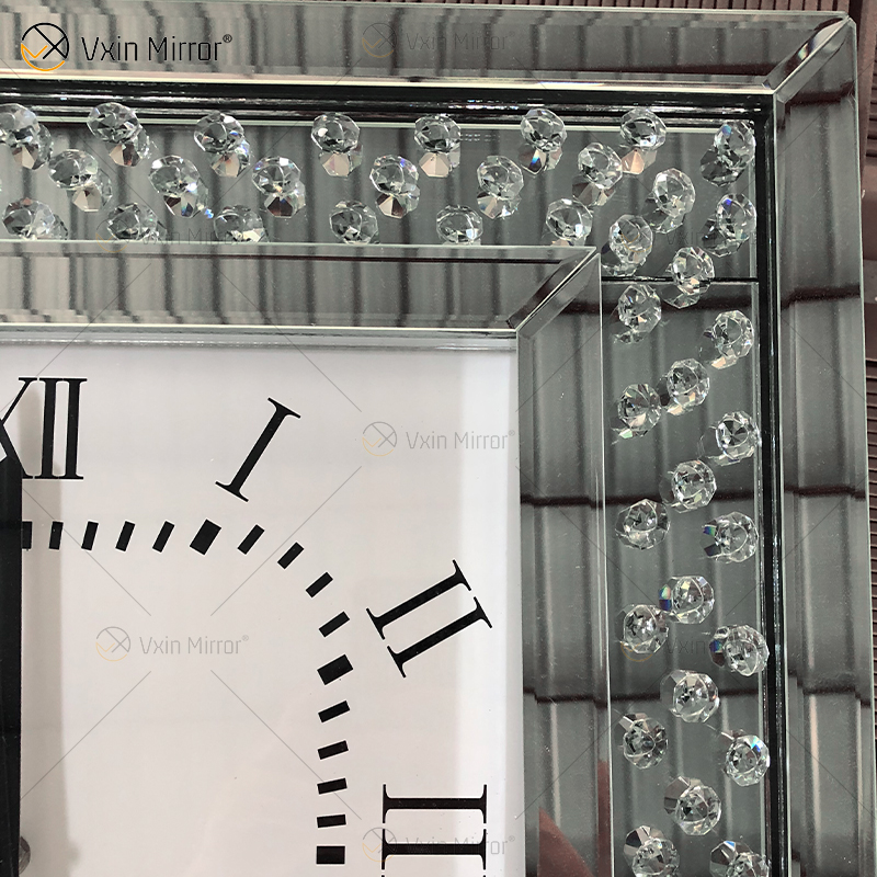 Relógio espelhado moderno barato WXMC-003 prata decorativo diamante esmagado relógio de parede espelho