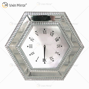 Venda imperdível relógio espelhado moderno prata hexágono relógio espelho diamante esmagado decoração espelho relógio de parede