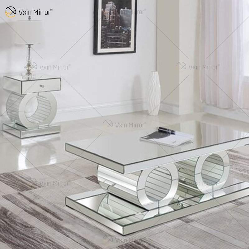 Mesa de centro de vidro simples e moderna Vxin 3D com geometria espelhada mesa de centro prateada coberta para sala de estar