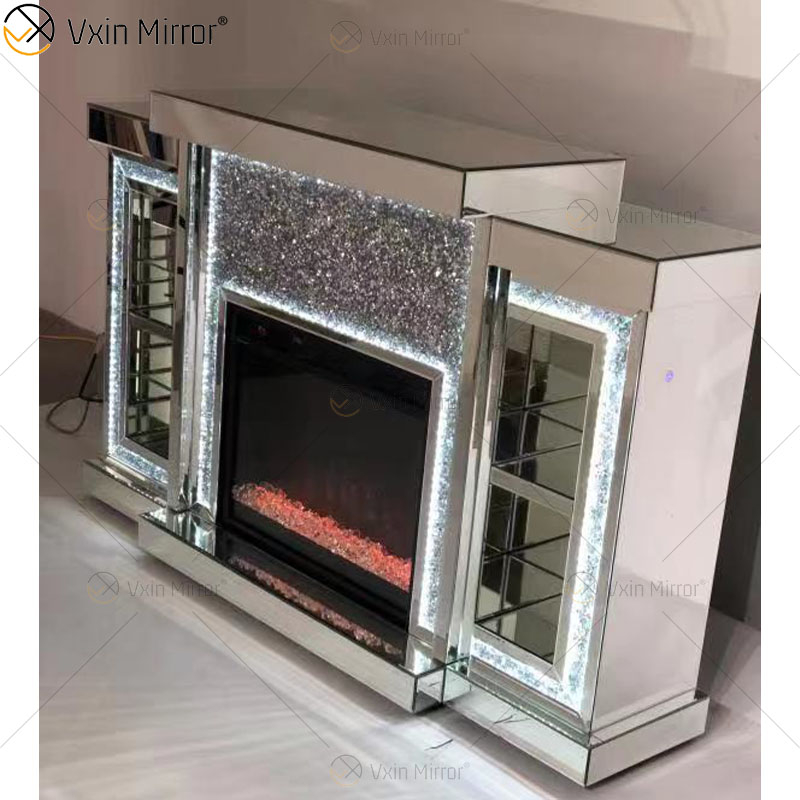 Lareira com espelho para sala de estar de vidro cristal prateado multicolorido com gavetas