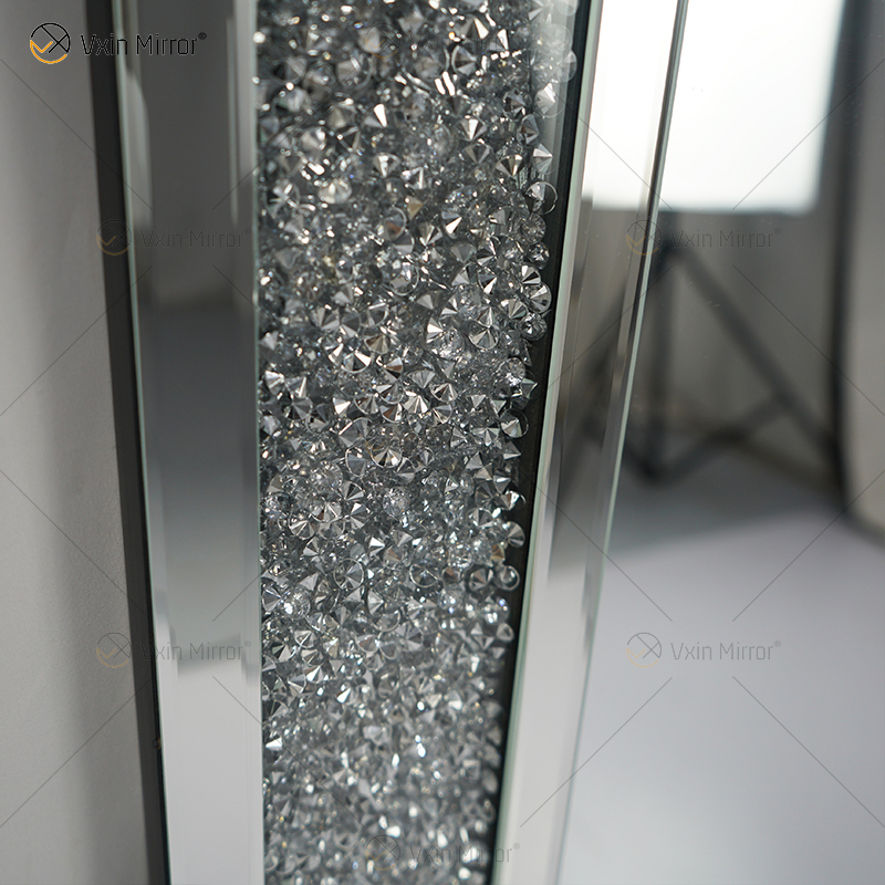 Espelho de parede retangular com design quente Vxin WXM-1761 decoração de parede diamante esmagado prata