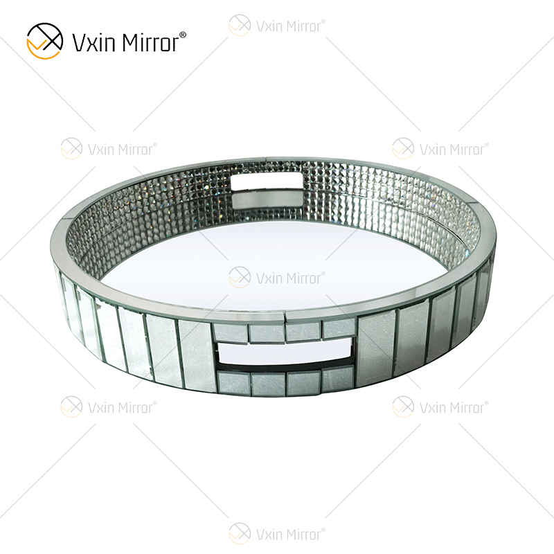 Decoração elegante com miçangas WXMT-017 moderna cristal prata espelhada bandeja redonda
