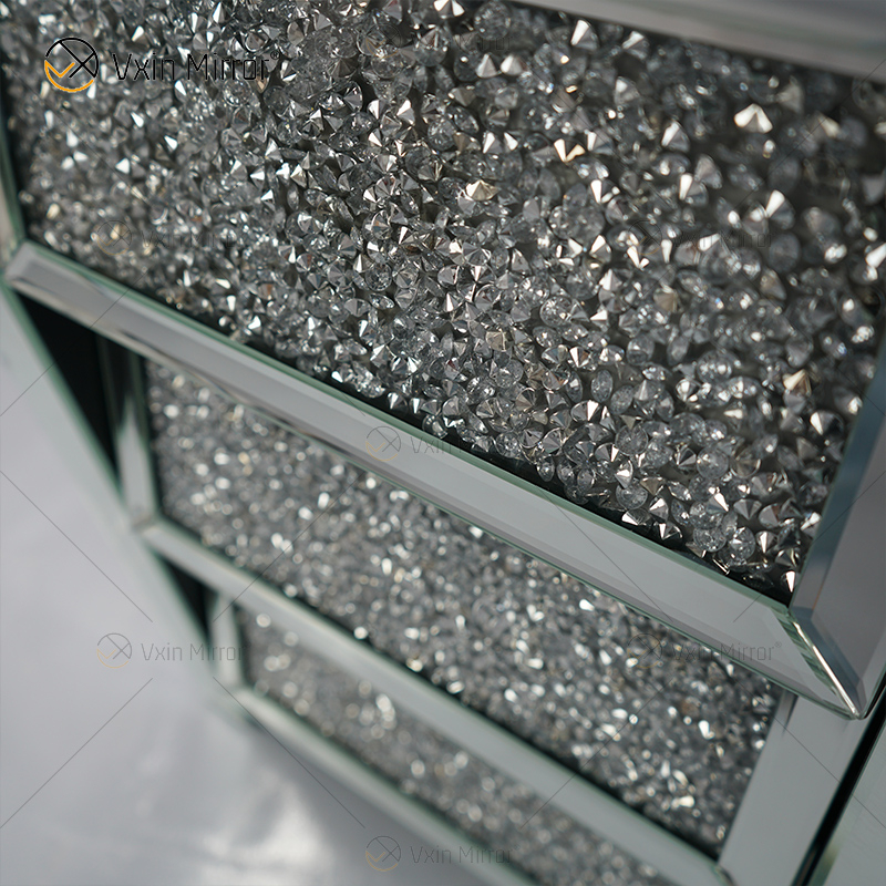 Vxin Espelho WXF-116 Cristal Prata Mesinha de cabeceira chanfrada espelhada com 3 gavetas para quarto