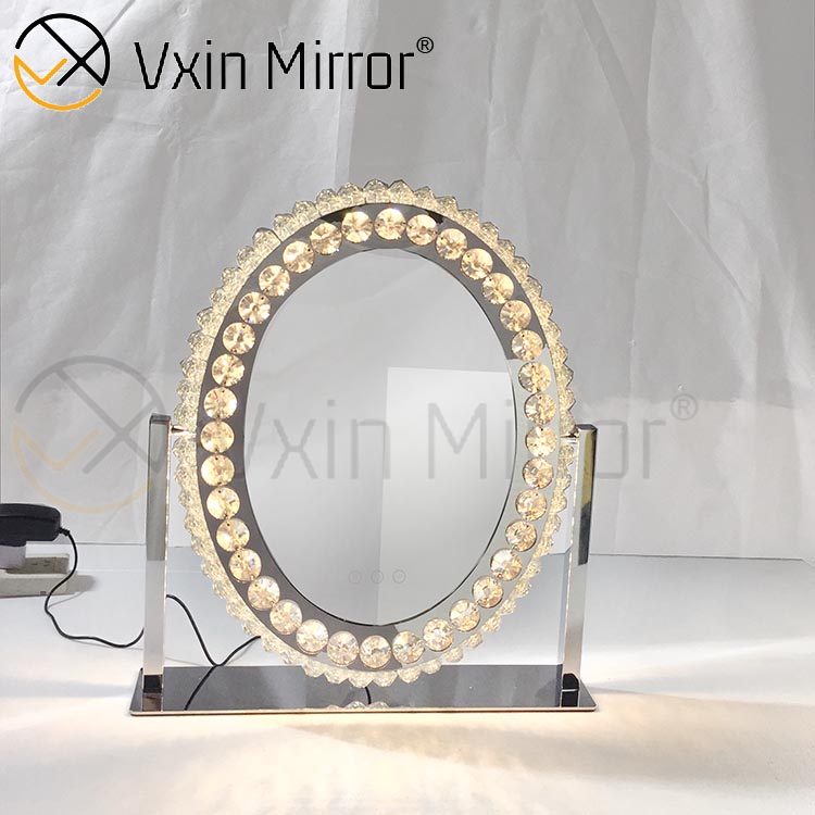Oval decorativo diamante cristal dimerizável toque Hollywood tampo de mesa espelho de maquilhagem WXDL-175